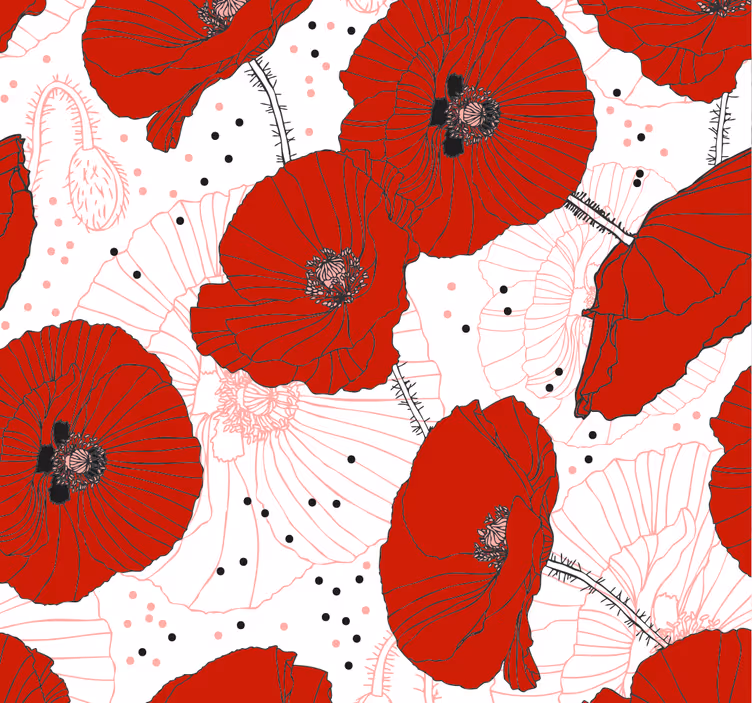 Eetkamer rolgordijn met tekening en rode bloemen - TenStickers
