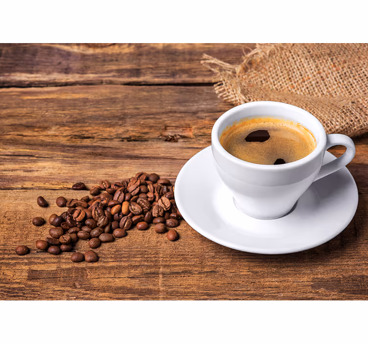 Rolgordijn keuken koffie op een houten tafel - TenStickers