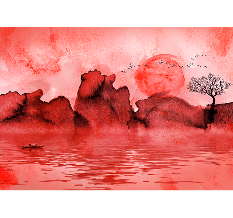 Rolgordijn rood chinese inktlandschap - TenStickers