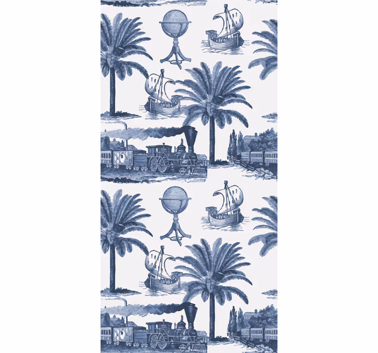 Rolgordijn vintage palmbomen en blauwe treinen - TenStickers