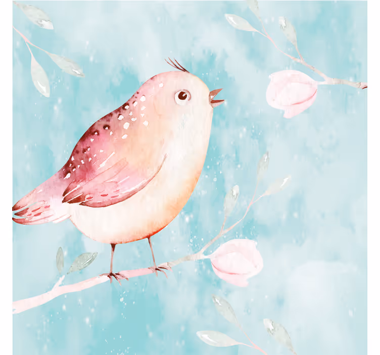 Rolgordijn woonkamer met geschilderde vogel en witte bloemen - TenStickers