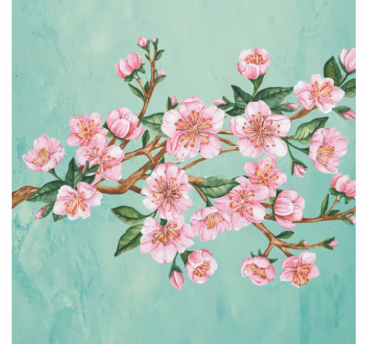 Rolgordijn woonkamer artistieke tak met roze bloemen - TenStickers