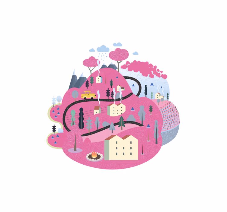Rolgordijn kinderkamer roze bergen met huizen - TenStickers