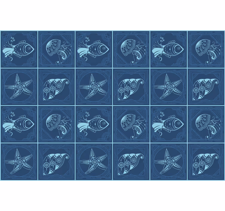 Blauw rolgordijn met ornamentale zeedieren tegels - TenStickers
