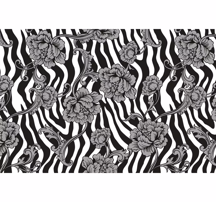 Zwart rolgordijn met zebra print en sierlijke bloemen - TenStickers
