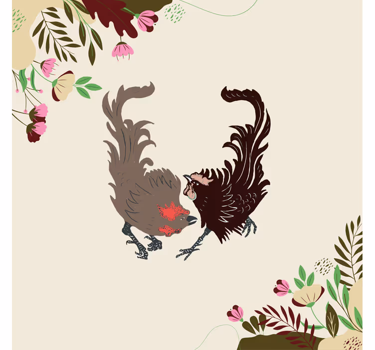 Rolgordijn beige met hanen en bladeren bloemen - TenStickers
