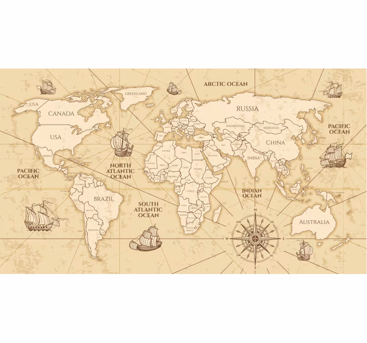 Rolgordijn wereldmap retro wereldkaart sepia muurschildering - TenStickers