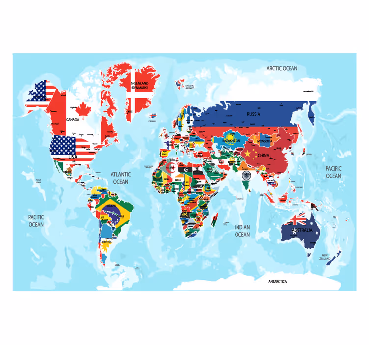 Rolgordijn wereldmap met landenvlaggen - TenStickers