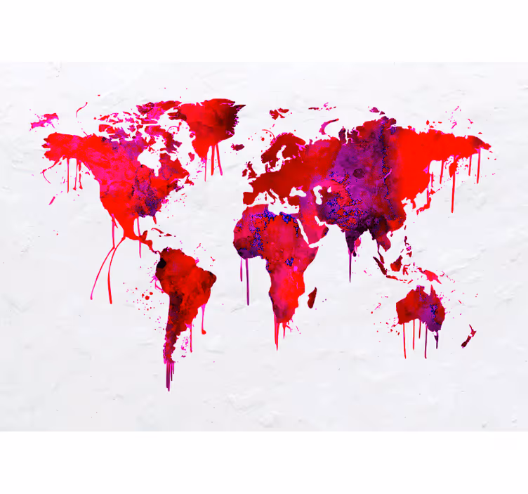 Rolgordijn wereldmap rode aquarel wereldkaart - TenStickers
