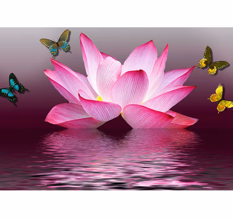 Zen rolgordijn roze loto bloem met vlinders - TenStickers