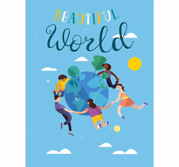 Harmonieuze wereldbolillustratie rolgordijn wereldmap - TenStickers