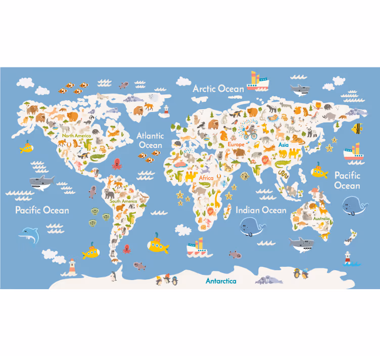 Wereldmap Witte fauna rolgordijn kinderkamer - TenStickers