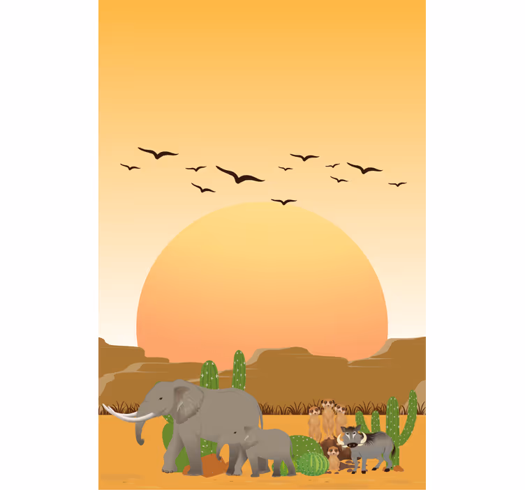 Savanne zonsondergang scène rolgordijn dieren - TenStickers