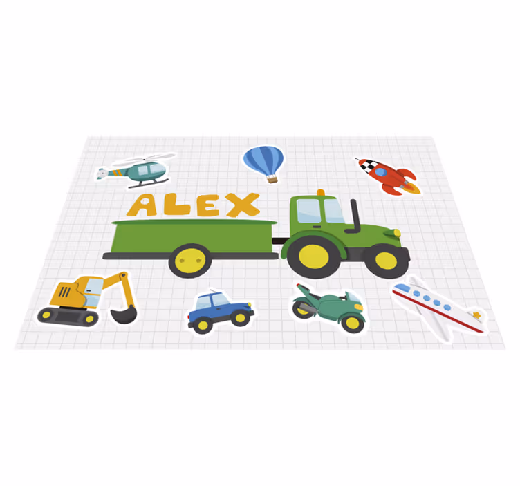 Verschillende cartoon voertuigen placemat naam - TenStickers