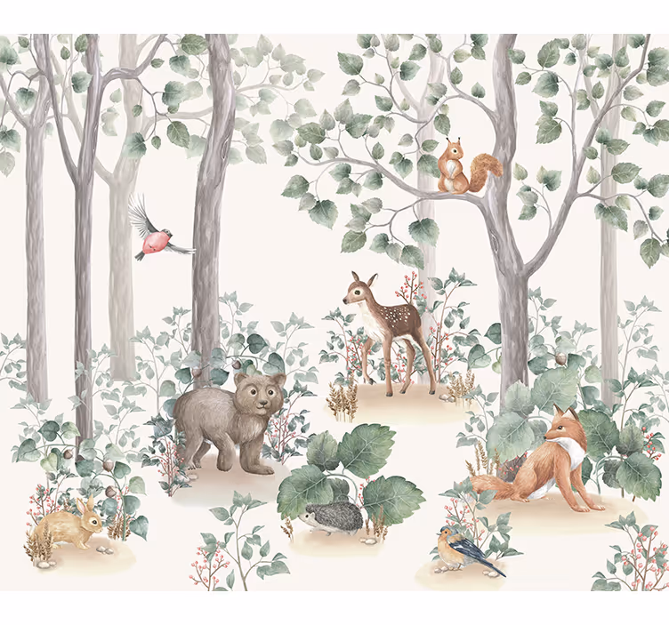 Dieren in het bos foto behang babykamer - TenStickers