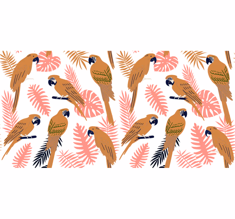 Foto behang jungle oranje papegaaien met roze bloemen - TenStickers