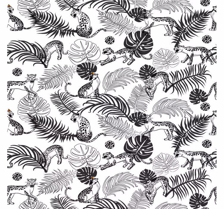 Foto behang jungle zwart-wit luipaard tropisch patroon - TenStickers