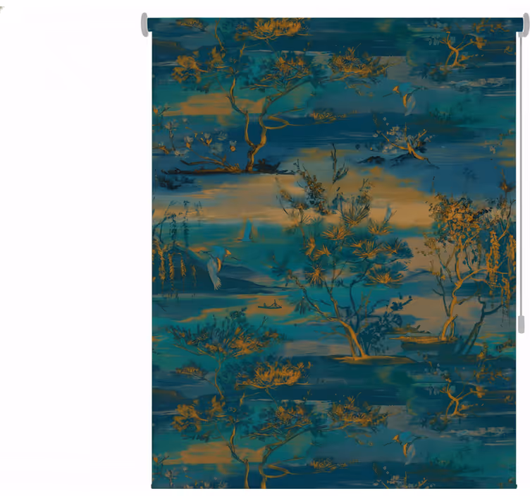 Fotobehang badkamer blauwe en gouden aziatische landschap - TenStickers