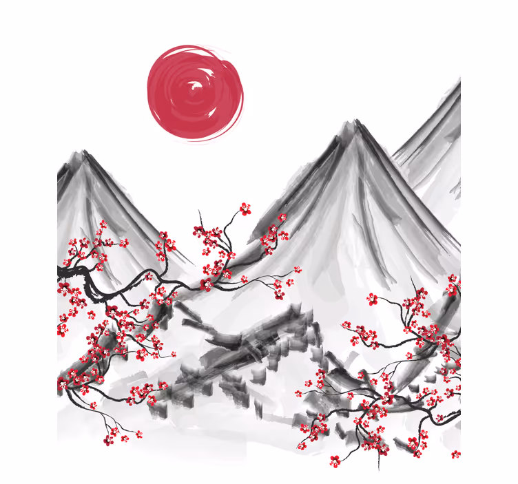 Fotobehang wit japanse stijl rode zon - TenStickers