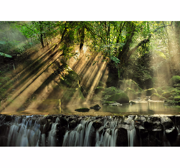 Foto behang groen zonovergoten boswaterval - TenStickers
