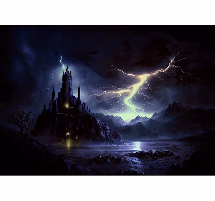 Zwart fotobehang donker kasteel en storm - TenStickers