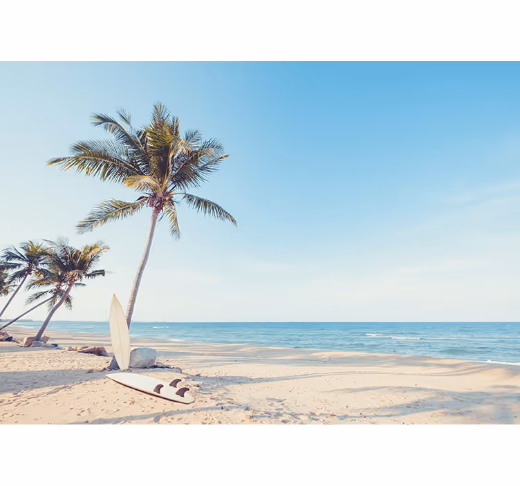 Tropisch strand met palmboom en zee fotobehang - TenStickers