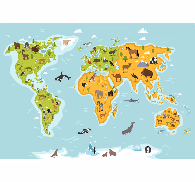 Dierenwereld kaart fotobehang - TenStickers