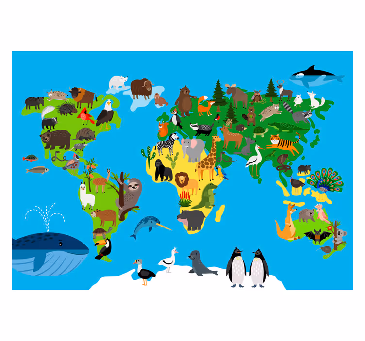 Dieren in kinderstijl fotobehang wereldkaart - TenStickers