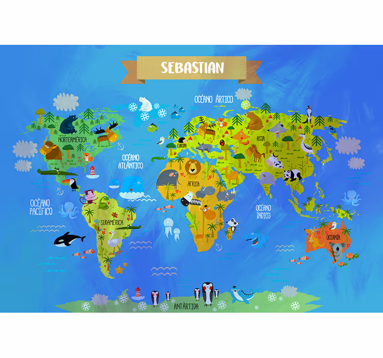Wereldkaart met dieren Fotobehang - TenStickers