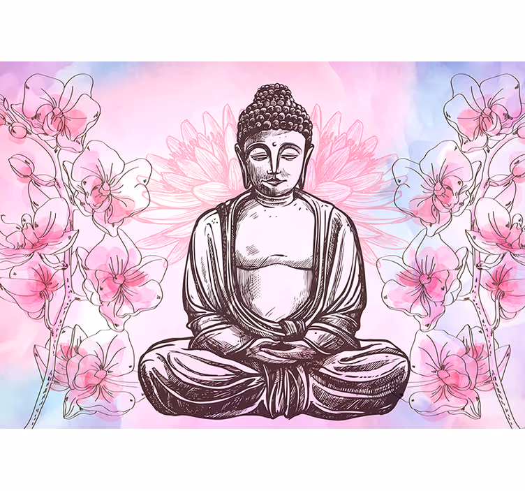 Fotobehang ruimte tekening Boeddha met bloemen - TenStickers