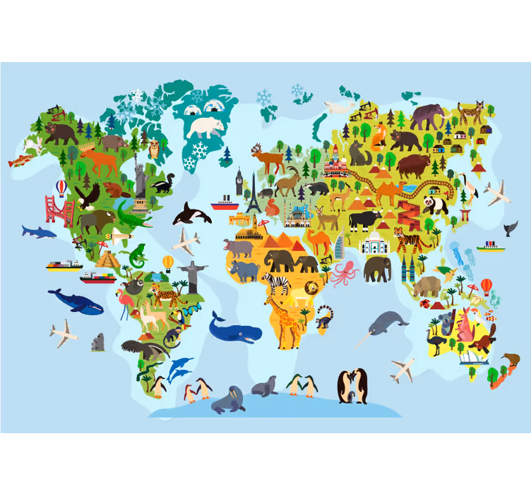 Wereldkaart monumenten en dieren - TenStickers