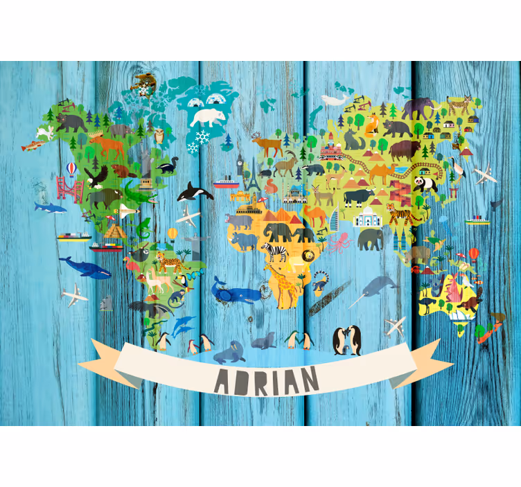 Fotobehang wereldkaart interactieve dierenkaart - TenStickers