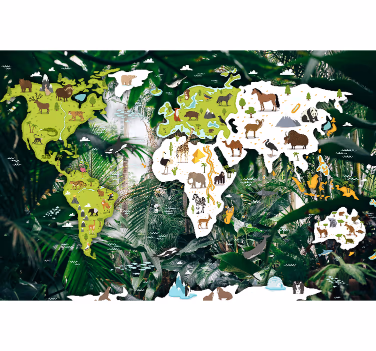 Fotobehang wereldkaart dierenwereld - TenStickers