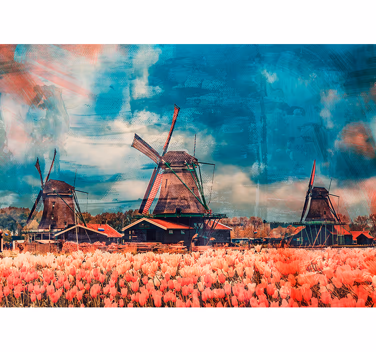 Tulpenvelden en windmolens fotobehang stad - TenStickers