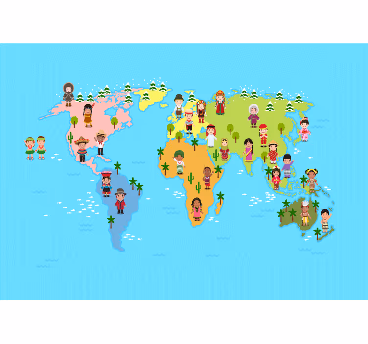 Culturele kaartpersonages fotobehang wereldkaart - TenStickers