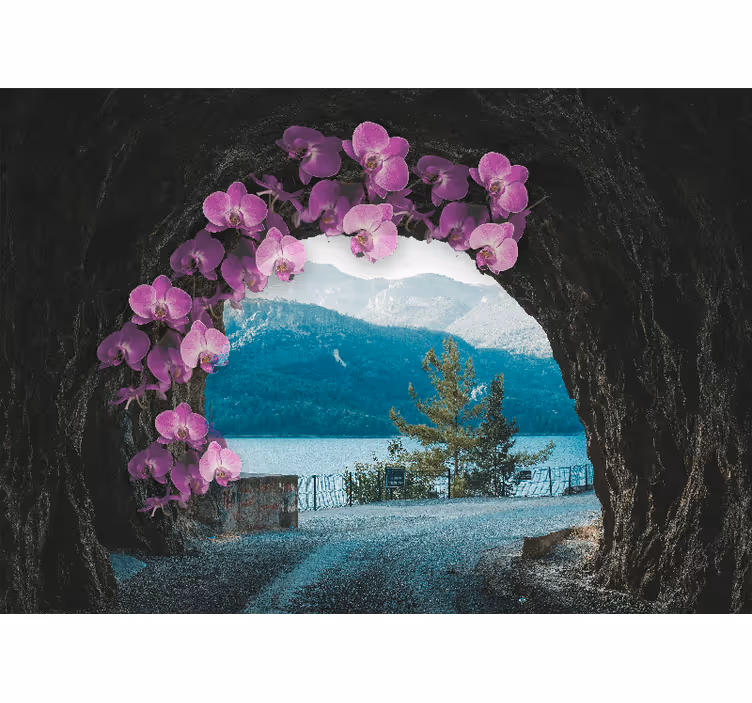 Orchideeën die het landschap omlijsten bloemen foto behang - TenStickers