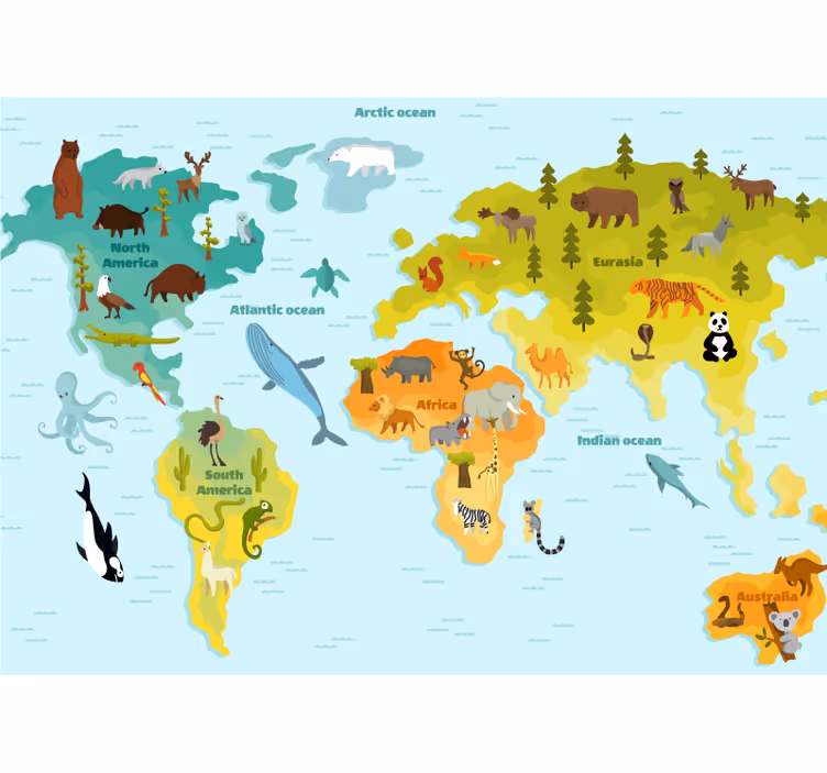 Fotobehang wereldkaart dierlijke wereldverkenning - TenStickers