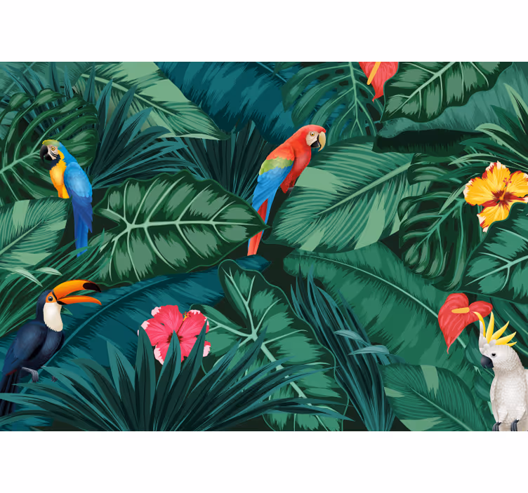 Fotobehang eetkamer tropische vogels en bloemen - TenStickers