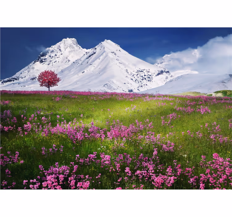 Besneeuwde bergen bloeien fotobehang natuur - TenStickers