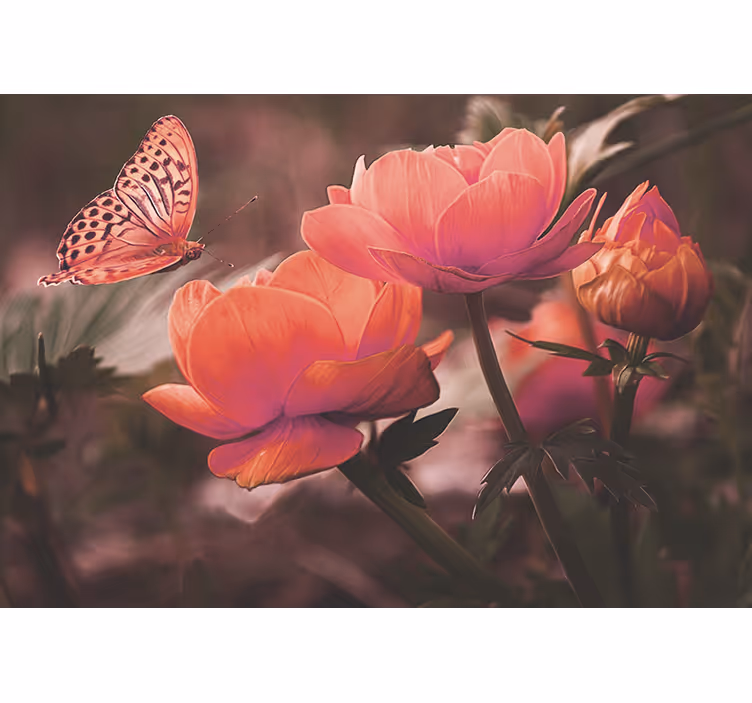 Bloemen foto behang vlinder boven bloesems - TenStickers