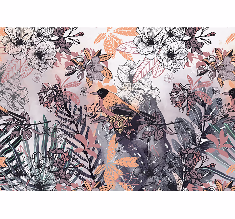Bloemen foto behang vogel tussen bloemen - TenStickers