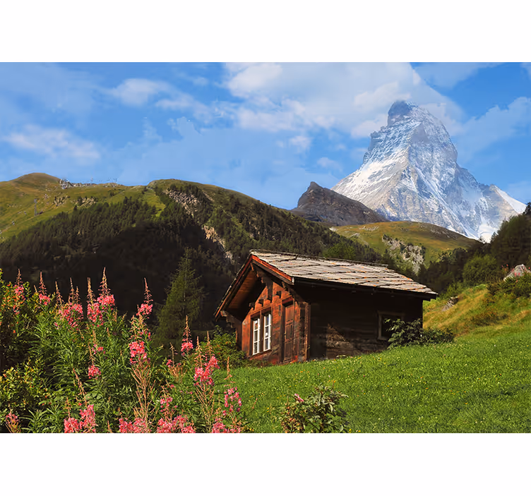 Fototapet landschap berglodge uitzicht - TenStickers