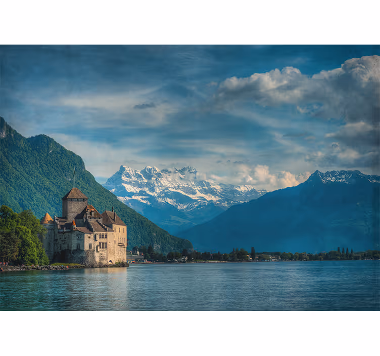 Fototapet landschap bergachtig kasteel uitzicht - TenStickers