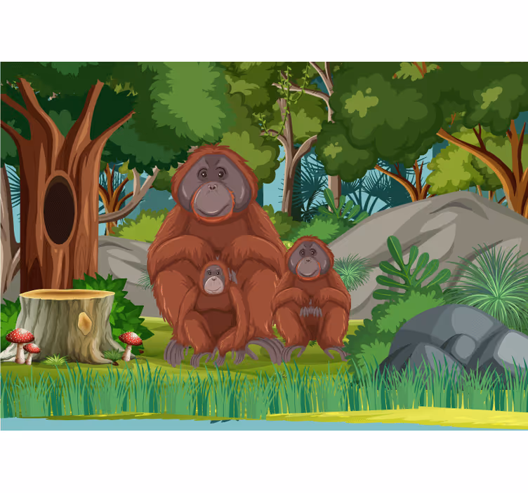 Foto behang dieren orangutans familietafereel - TenStickers