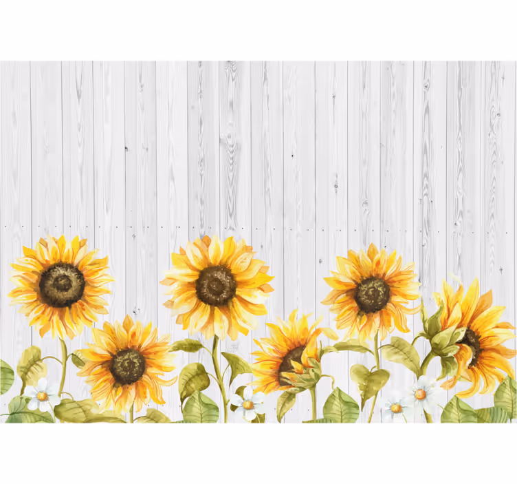 Zonnebloemen over houten textuur bloemen foto behang - TenStickers