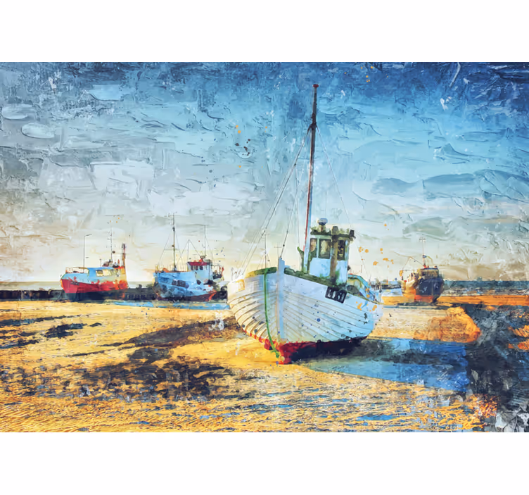 Fotobehang stad vissersboten aan de kust - TenStickers