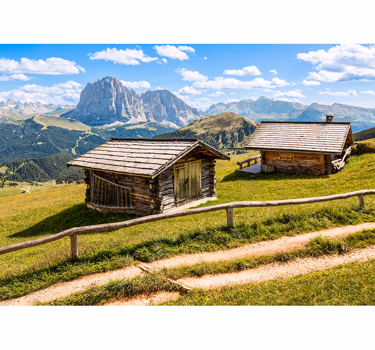 Fototapet landschap met schilderachtige berghutten - TenStickers