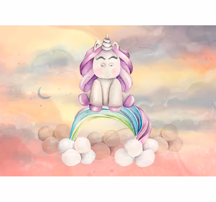 Fotobehang sprookje schattige eenhoorn regenboog - TenStickers