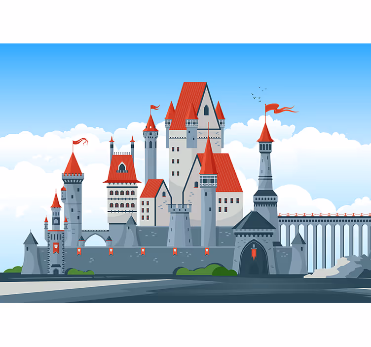 Fotobehang sprookje kasteel met rode daken - TenStickers