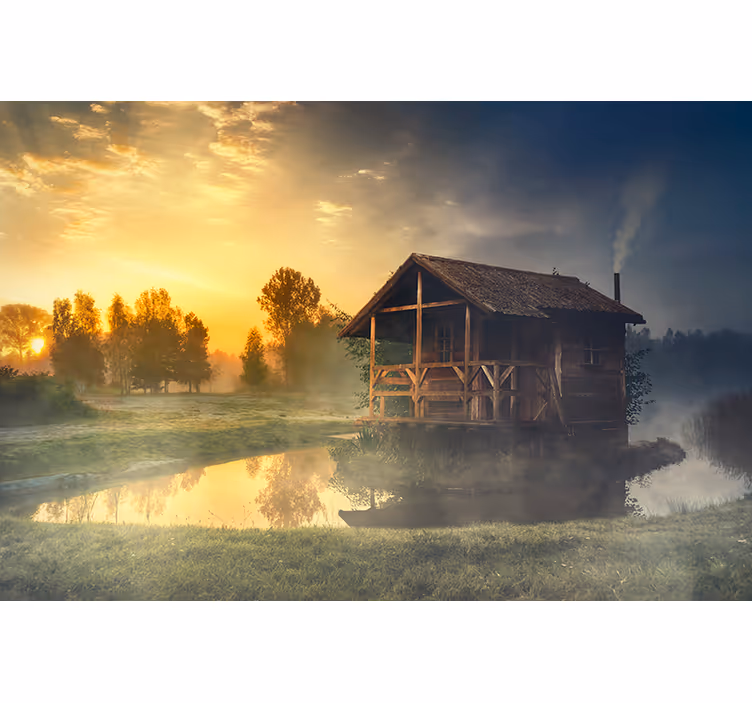 Fototapet landschap serene cabin zonsondergang - TenStickers
